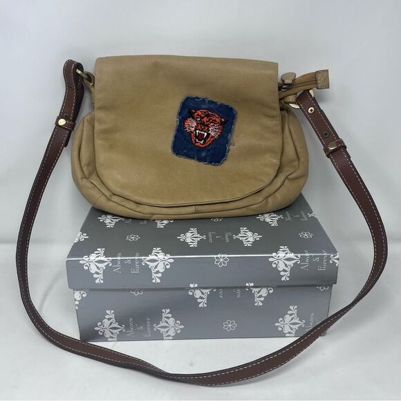 Coldwater Creek Tan Leather Crossbody Bag w/ Tiger Patch - Picture 1 of 11